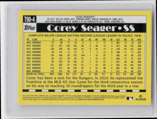 2025 Topps Corey Seager 1990 Topps Baseball 35th Anniversary T90-4 Rangers - Image 3
