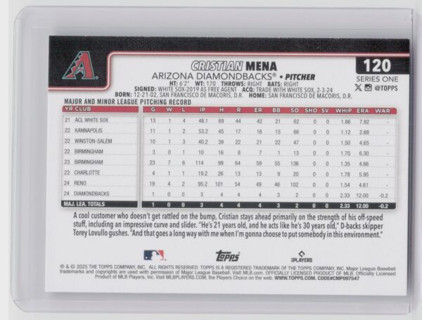 2025 Topps Cristian Mena RC #120 Diamondbacks - Image 3