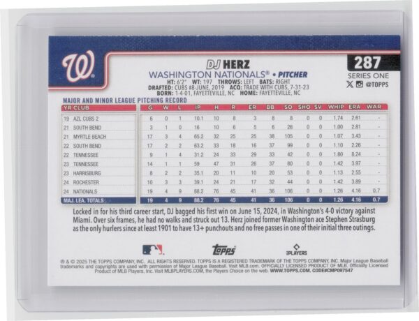 2025 Topps DJ Herz RC #287 Nationals - Image 3