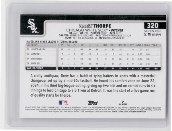 2025 Topps Drew Thorpe RC #320 Sox - Image 3