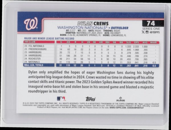 2025 Topps Dylan Crews RC #74 Nationals - Image 3