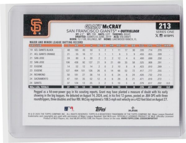 2025 Topps Grant McCray RC #213 Giants - Image 3