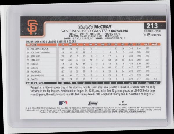 2025 Topps Grant McCray RC #213 Giants - Image 3