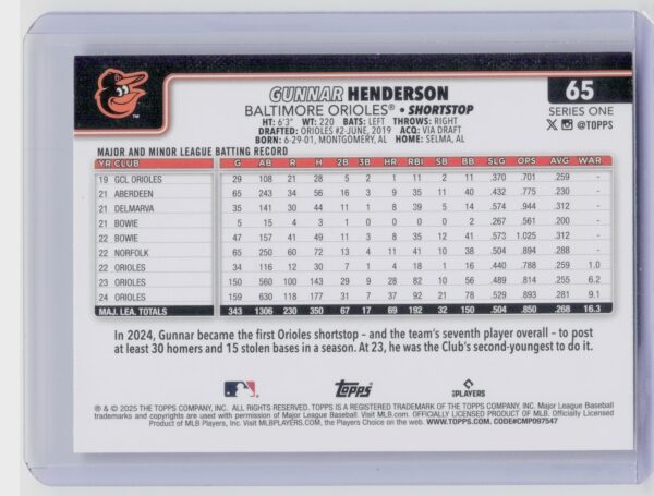2025 Topps Gunnar Henderson Spring Training #65 Orioles - Image 3