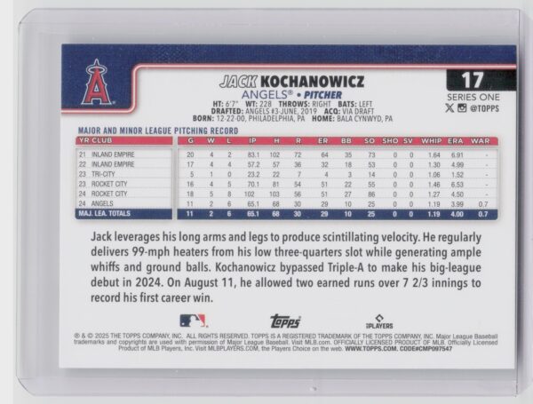 2025 Topps Jack Kochanowicz RC #17 Angels - Image 3