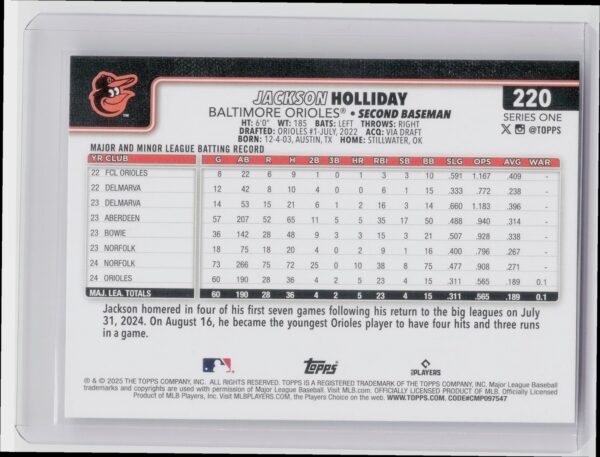 2025 Topps Jackson Holliday #220 Orioles - Image 3