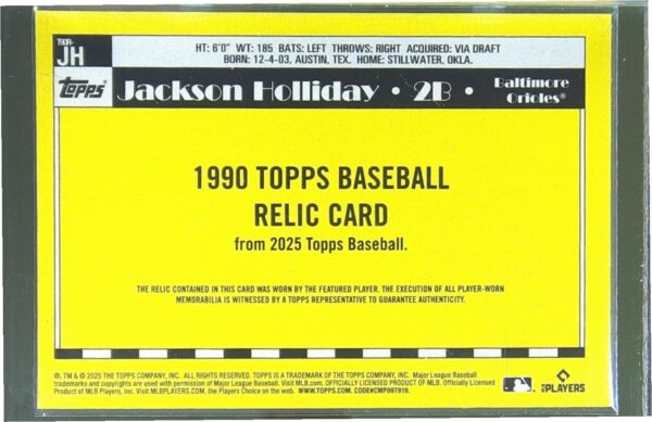 2025 Topps Jackson Holliday JSY #T90R-JH Orioles 1990 35th Anniversary relic - Image 3