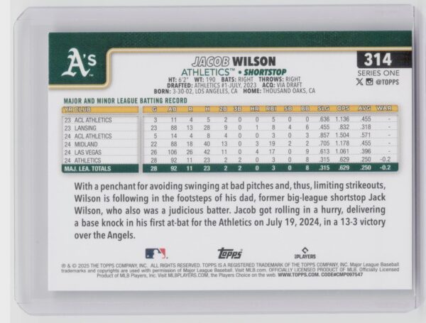 2025 Topps Jacob Wilson RC RC #314 Athletics - Image 3