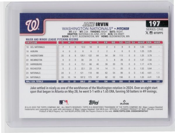 2025 Topps Jake Irvin Rainbow Foil #197 Nationals - Image 3