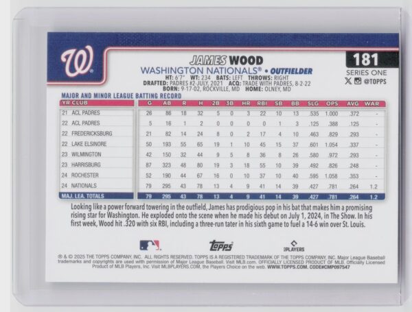 2025 Topps James Wood RC #181 Nationals - Image 3