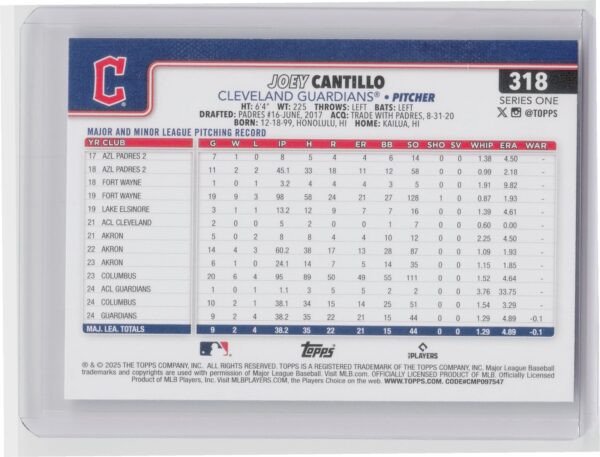 2025 Topps Joey Cantillo RC #318 Guardians - Image 3
