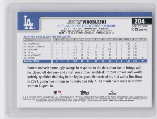 2025 Topps Justin Wrobleski RC #204 Dodgers - Image 3