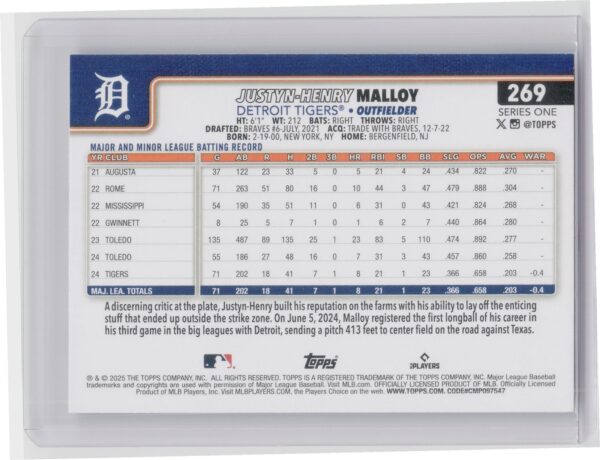2025 Topps Justyn-Henry Malloy RC #269 Tigers - Image 3