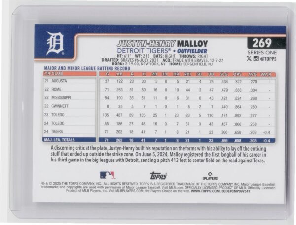 2025 Topps Justyn-Henry Malloy RC #269 Tigers - Image 3