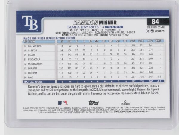 2025 Topps Kameron Misner RC #84 Rays - Image 3