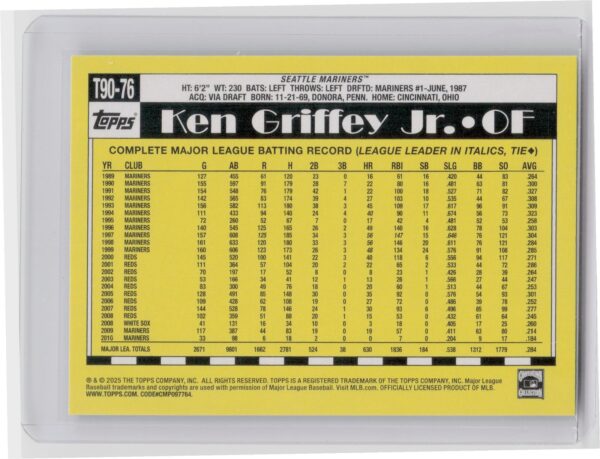 2025 Topps Ken Griffey Jr. #T90-76 Mariners 1990 Topps Baseball 35th Anniversary - Image 3