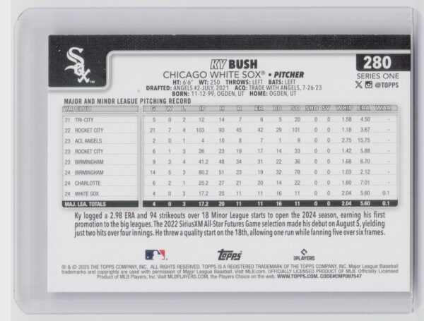 2025 Topps Ky Bush RC #280 Sox - Image 3