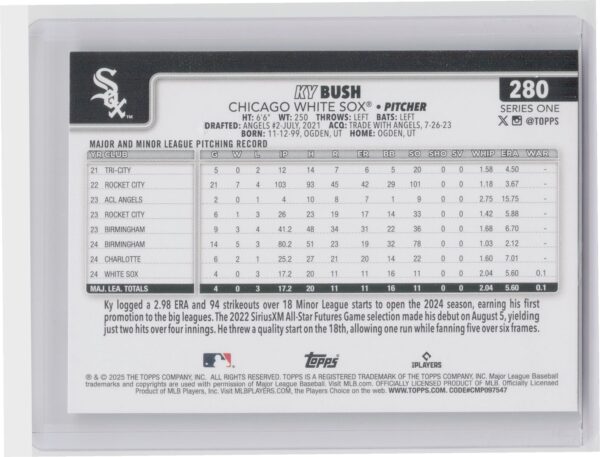 2025 Topps Ky Bush RC #280 Sox - Image 3