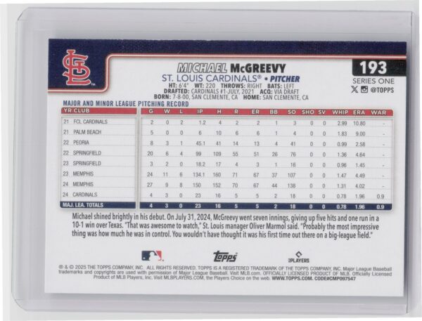 2025 Topps Michael McGreevy RC #193 Cardinals - Image 3