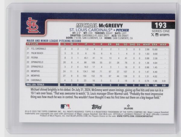 2025 Topps Michael McGreevy RC #193 Cardinals - Image 3