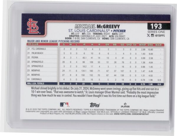 2025 Topps Michael McGreevy RC #193 Cardinals - Image 3