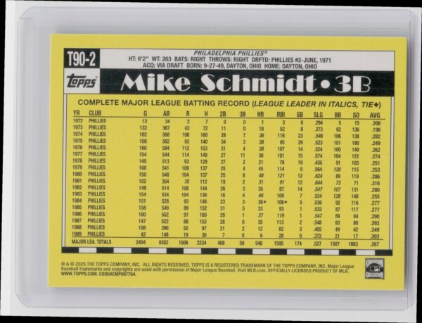 2025 Topps Mike Schmidt #T90-2 Phillies 1990 Topps Baseball 35th Anniversary - Image 3