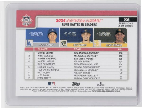 2025 Topps National League Leaders RBI (Shohei Ohtani / Willy Adames / Manny Mac - Image 3