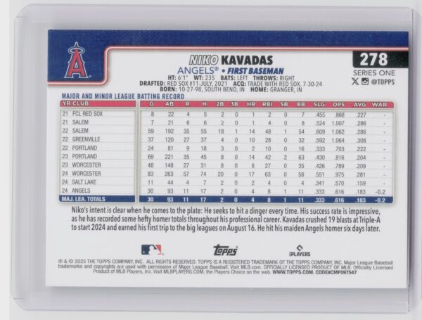 2025 Topps Niko Kavadas RC #278 Angels - Image 3