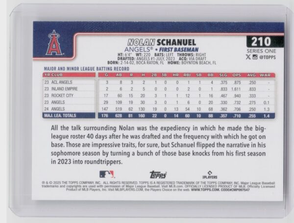 2025 Topps Nolan Schanuel #210 Angels - Image 3