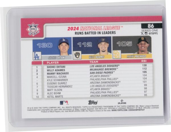 2025 Topps Ohtani, Adames, Machado National League RBI Leaders #86 - Image 3