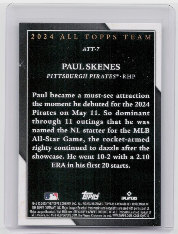 2025 Topps Paul Skenes 2024 All Topps Team ATT-7 Pirates - Image 3