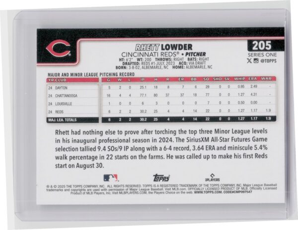 2025 Topps Rhett Lowder RC #205 Reds - Image 3