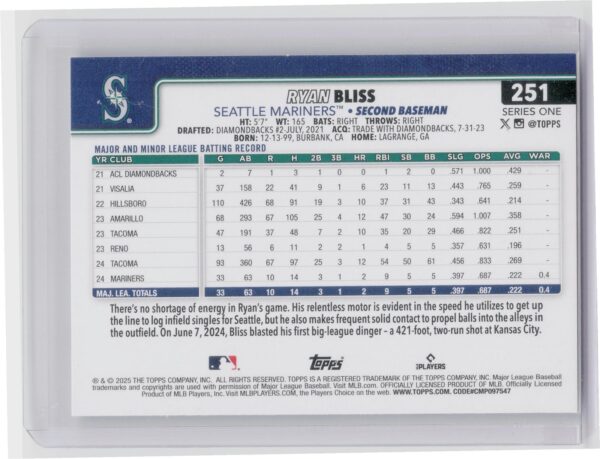 2025 Topps Ryan Bliss RC #251 Mariners - Image 3