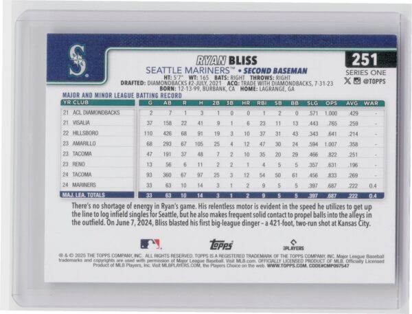 2025 Topps Ryan Bliss RC #251 Mariners - Image 3