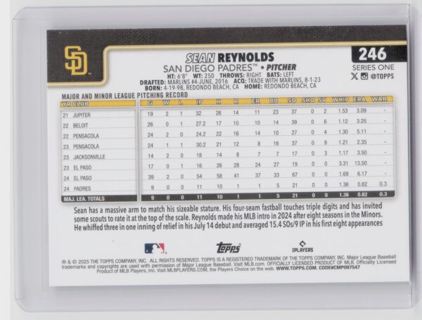 2025 Topps Sean Reynolds RC #246 Padres - Image 3