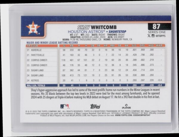 2025 Topps Shay Whitcomb RC #87 Astros - Image 3