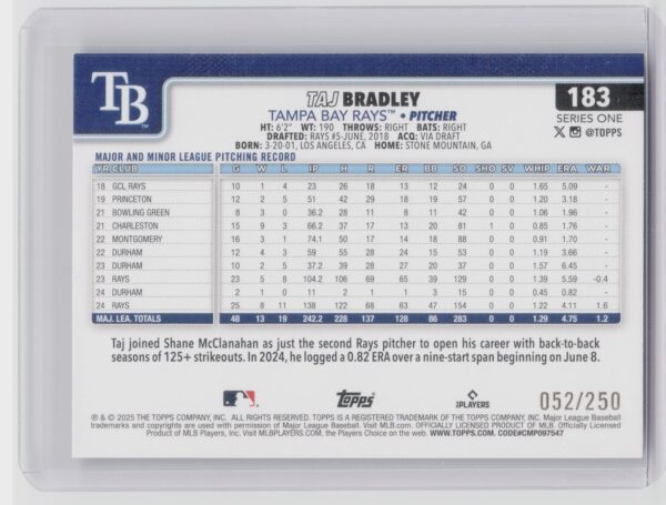 2025 Topps Taj Bradley Purple Holo Foil /250 #183 Rays - Image 3