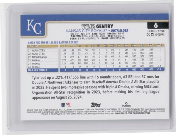2025 Topps Tyler Gentry RC #6 Royals - Image 3