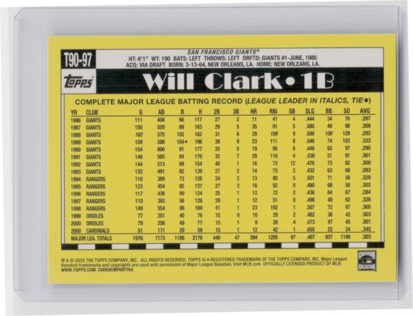 2025 Topps Will Clark #T90-97 Giants 1990 Topps Baseball 35th Anniversary - Image 3