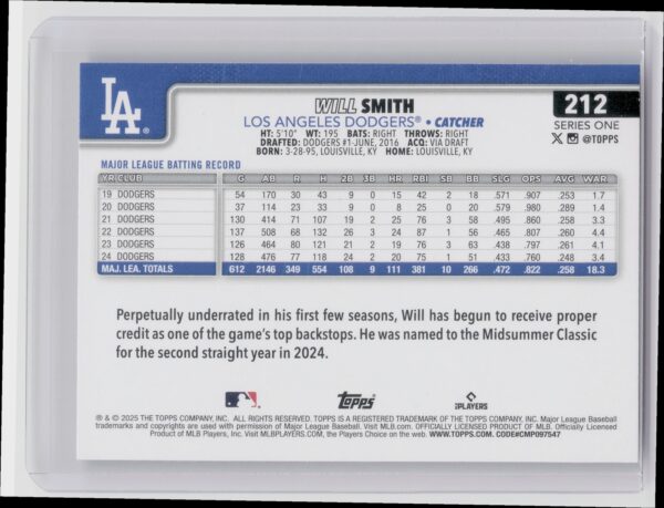 2025 Topps Will Smith Diamante Foil #212 Dodgers - Image 3