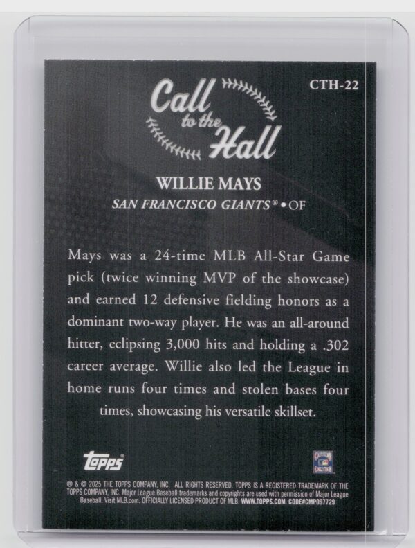 2025 Topps Willie Mays #CTH-22 Giants Call to the Hall - Image 3