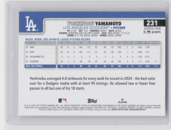 2025 Topps Yoshinobu Yamamoto #231 Dodgers - Image 3