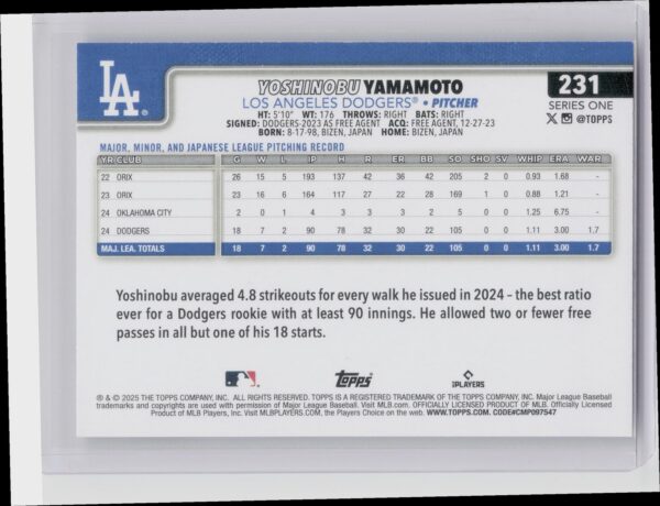 2025 Topps Yoshinobu Yamamoto #231 Dodgers - Image 3
