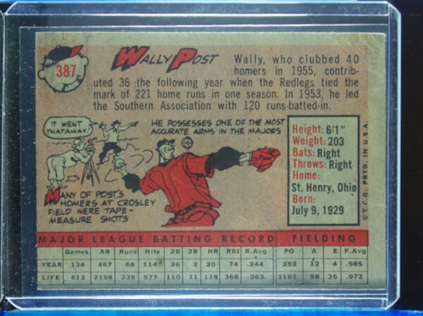 1958 Topps Wally Post #387 Phillies - Image 3