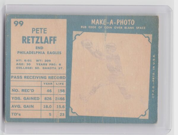 1961 Topps Pete Retzlaff #99 Eagles - Image 3