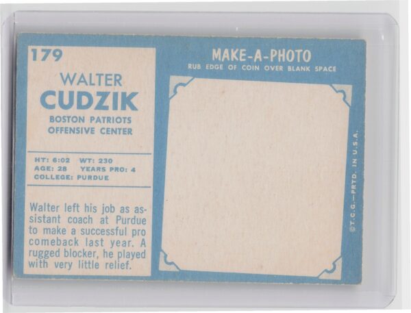 1961 Topps Walt Cudzik RC #179 Patriots - Image 3