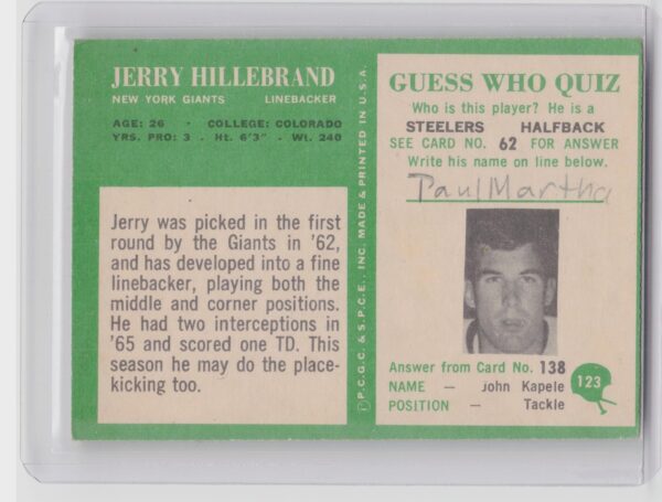 1966 Philadelphia Jerry Hillebrand #123 Giants - Image 3