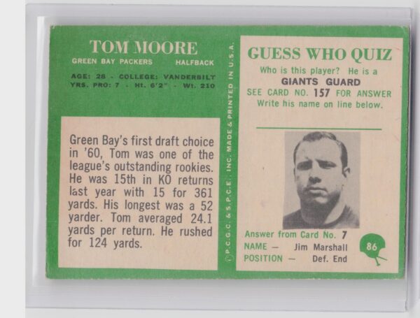 1966 Philadelphia Tom Moore #86 Packers - Image 3
