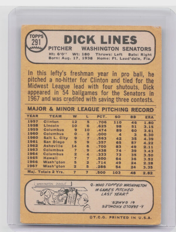 1968 Topps Dick Lines #291 Senators - Image 3