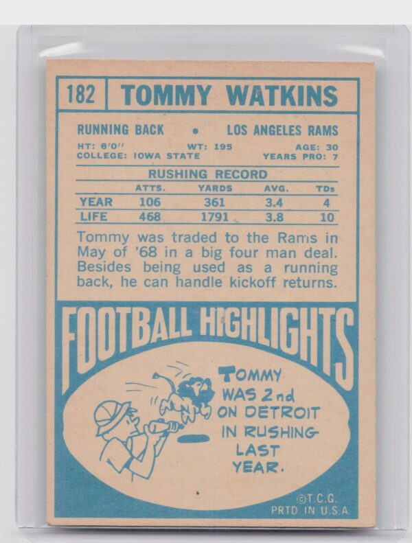 1968 Topps Tommy Watkins #182 Rams - Image 3